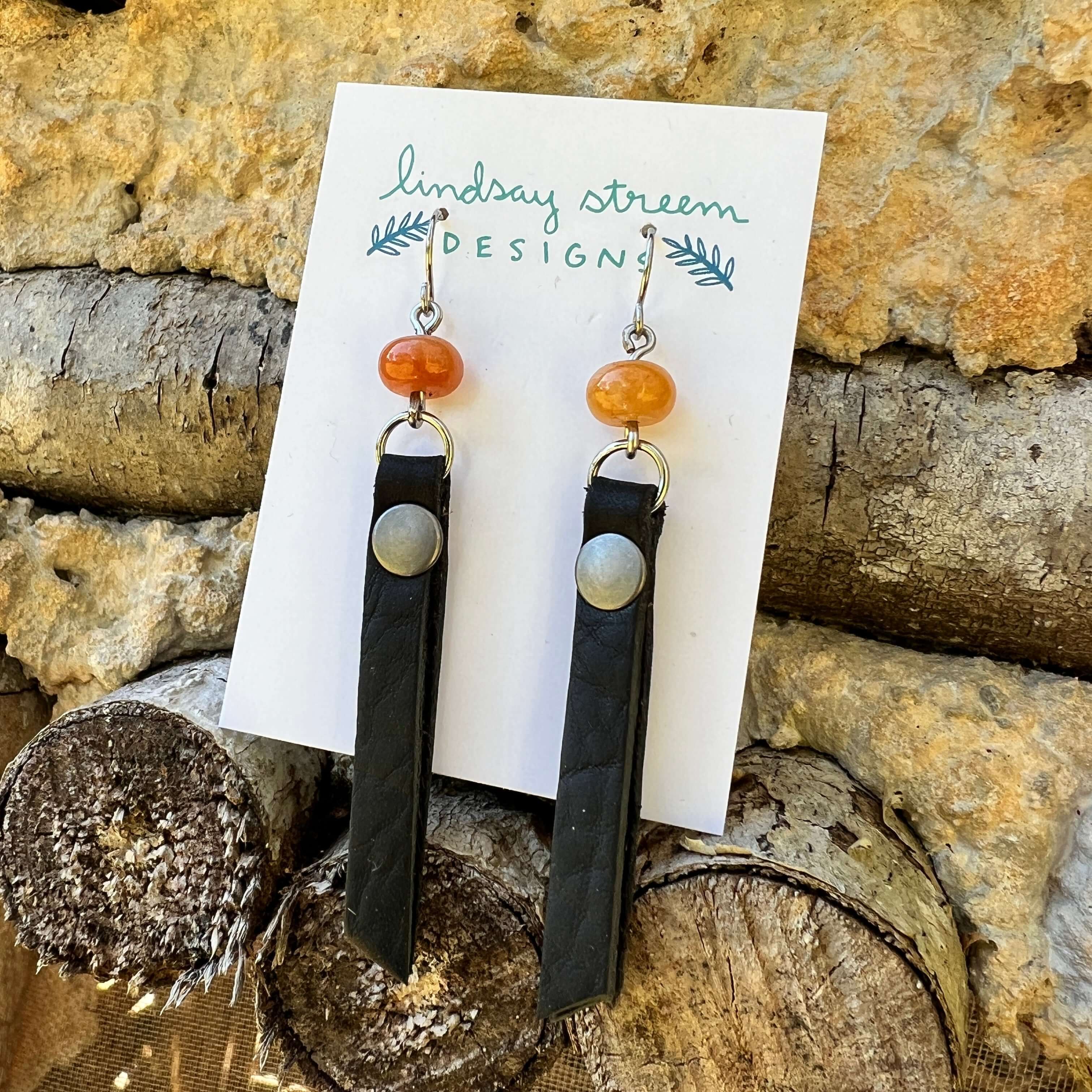 Leather Tassel Earrings - Rustic Black with Red Aventurine