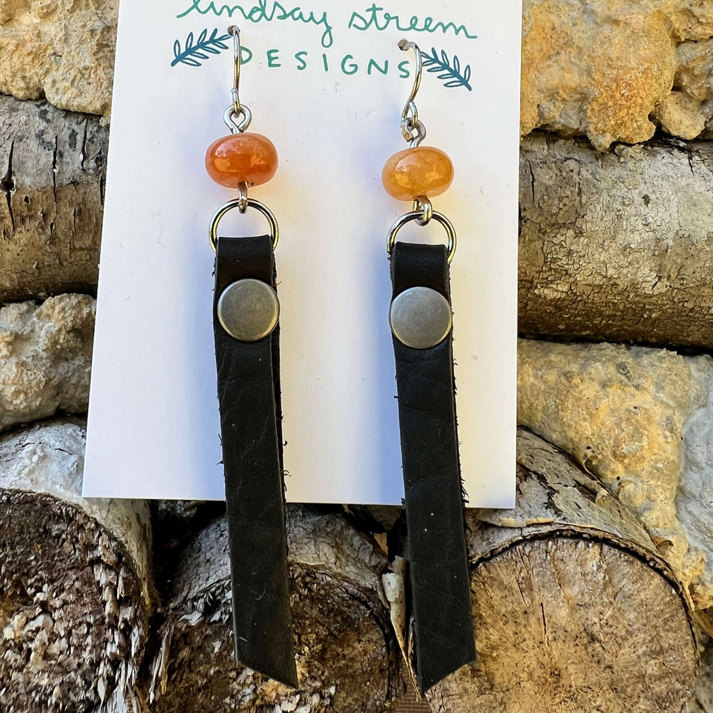 Leather Tassel Earrings - Rustic Black with Red Aventurine