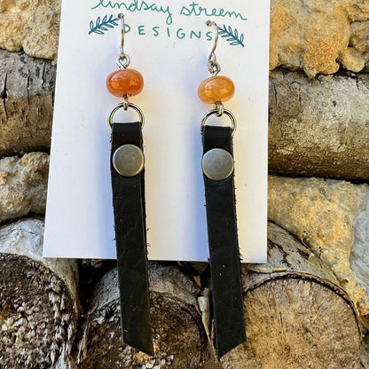 Leather Tassel Earrings - Rustic Black with Red Aventurine