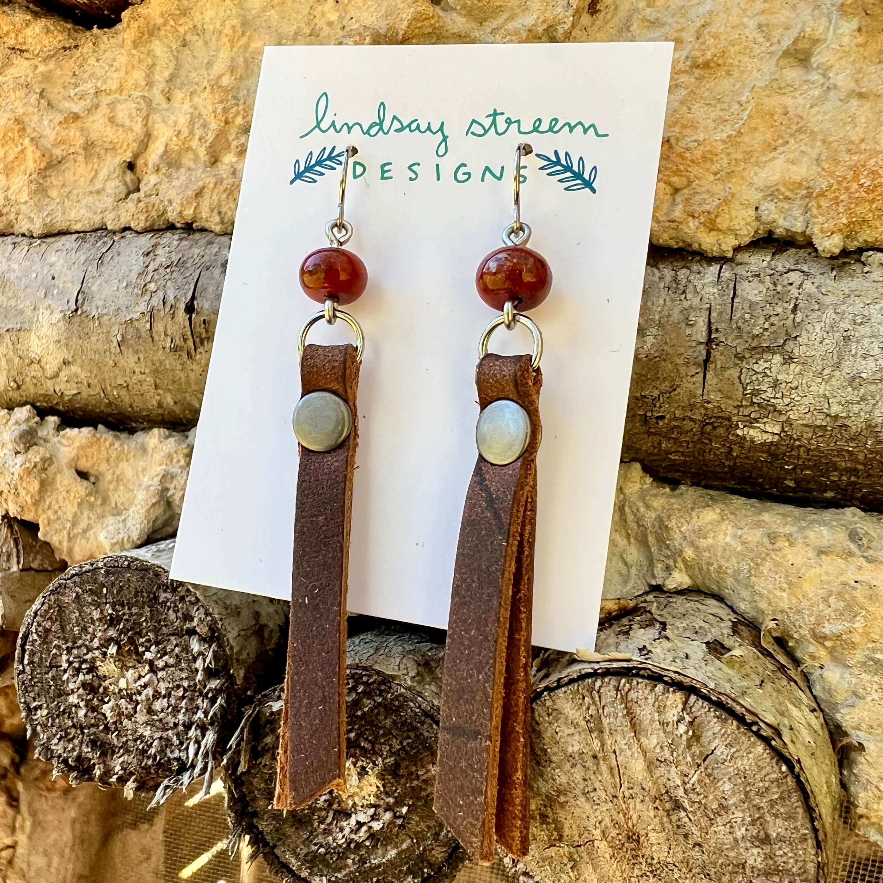 Leather Tassel Earrings - Rustic Brown with Red Jasper