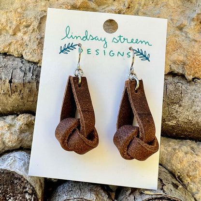 Leather Knot Earrings - Rustic Brown