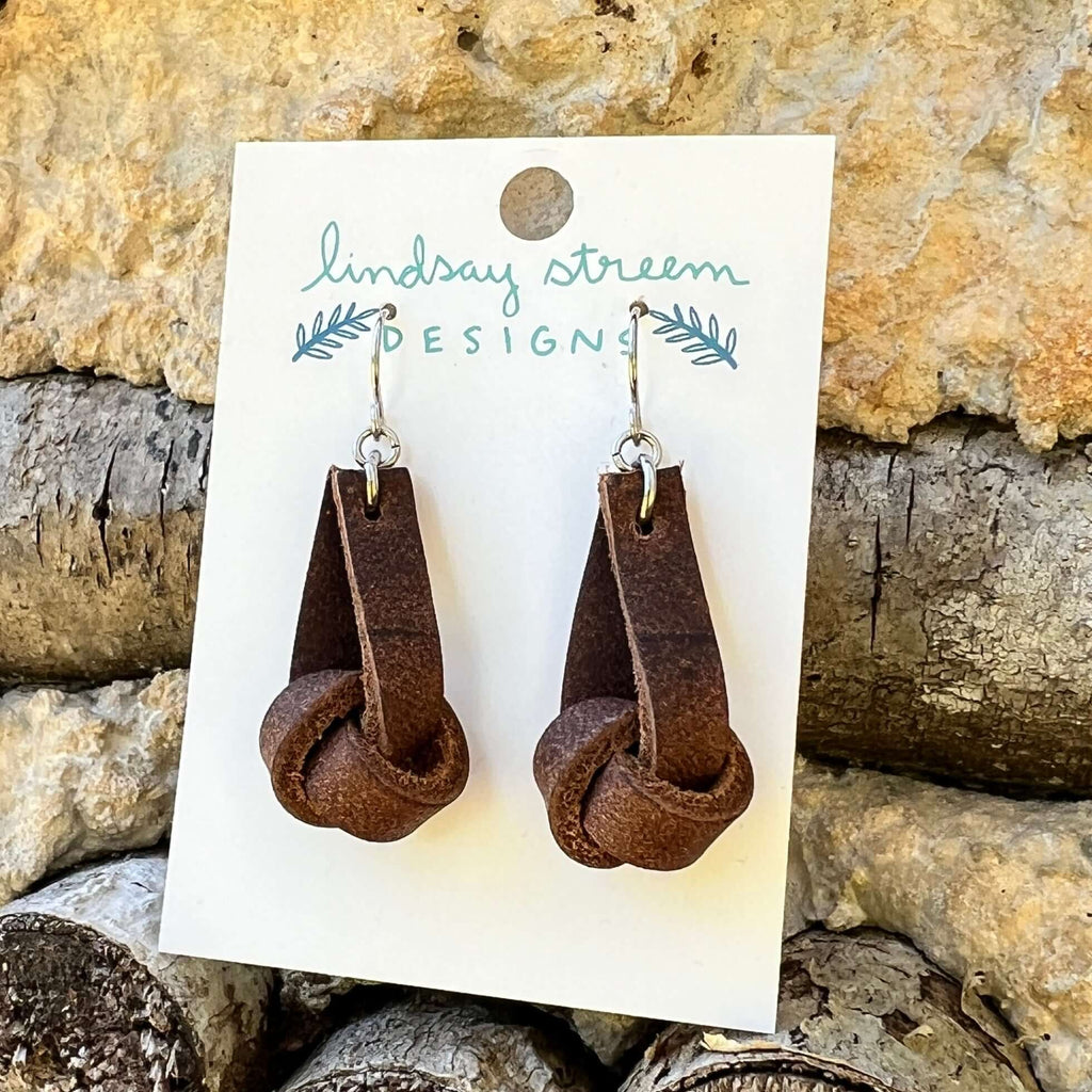 Leather Knot Earrings - Rustic Brown