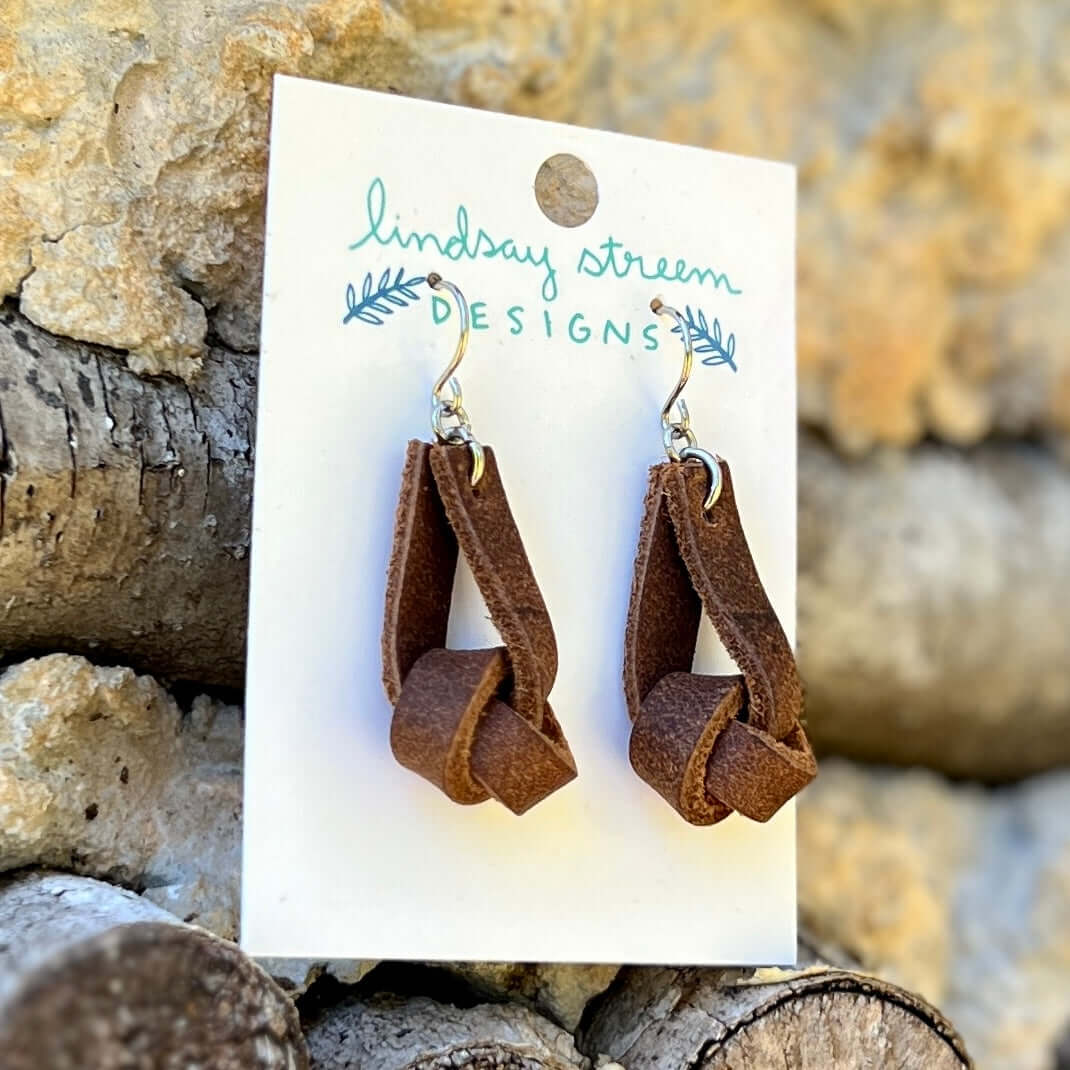 Leather Knot Earrings - Rustic Brown