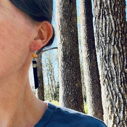 Leather Tassel Earrings - Rustic Black with Red Aventurine