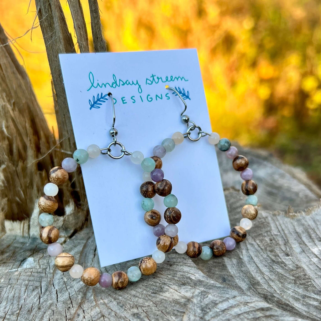 Woodland Hoop Earrings - Light Wood and Pastel Jasper