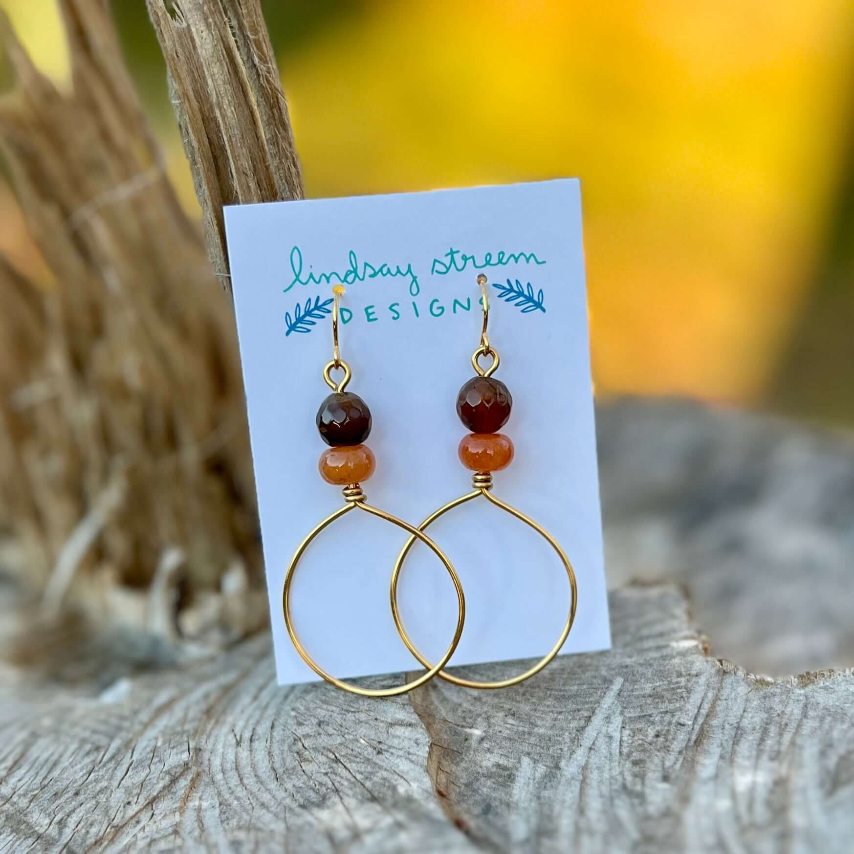 Festival Hoop Earrings - Golden with Agate and Red Aventurine