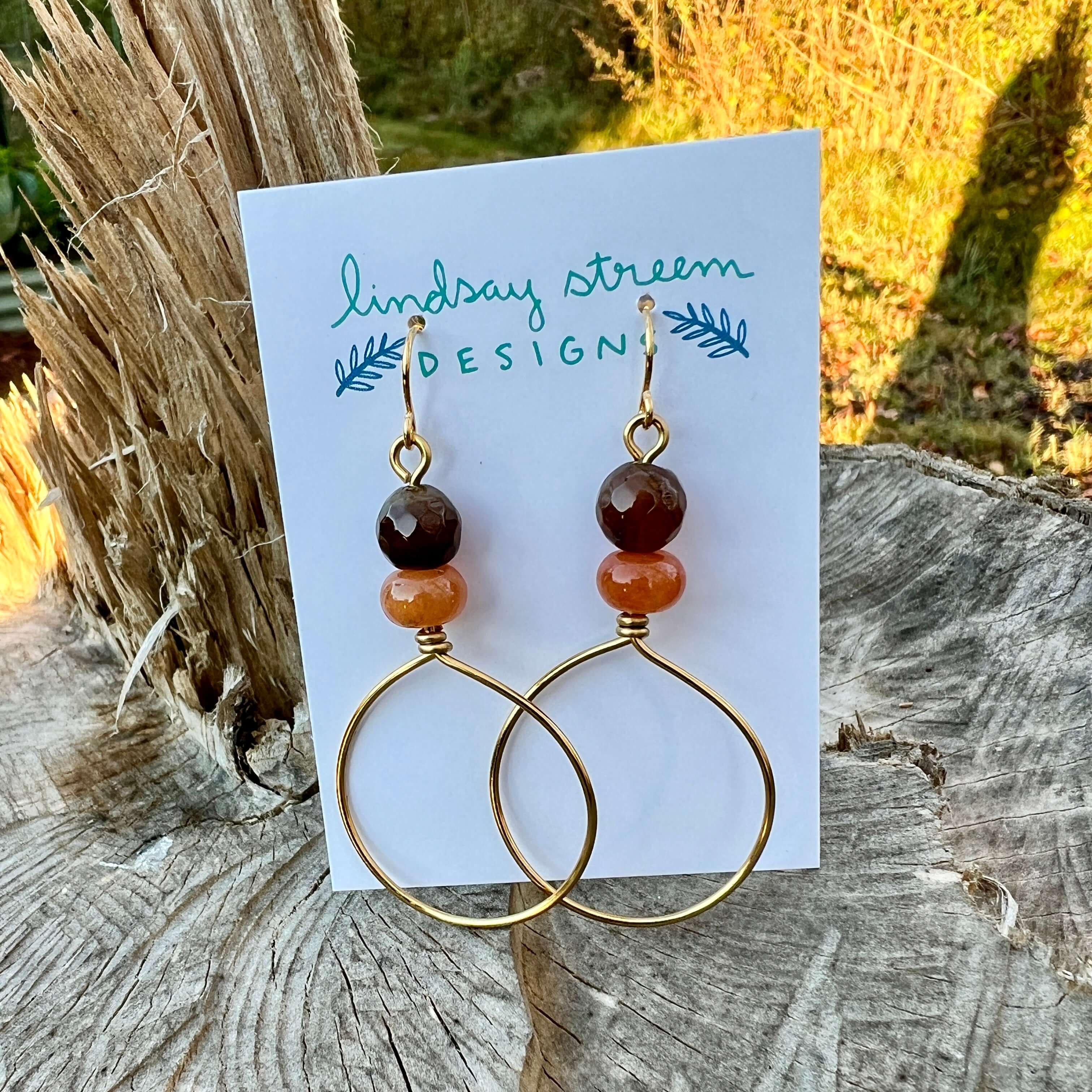 Festival Hoop Earrings - Golden with Agate and Red Aventurine