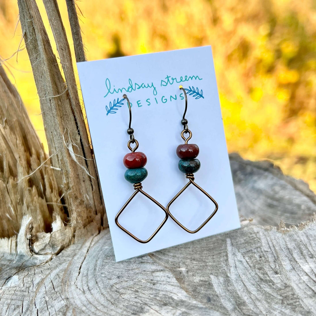 Square Hoop Earrings - Bronze with Silver Leaf and Red Jasper