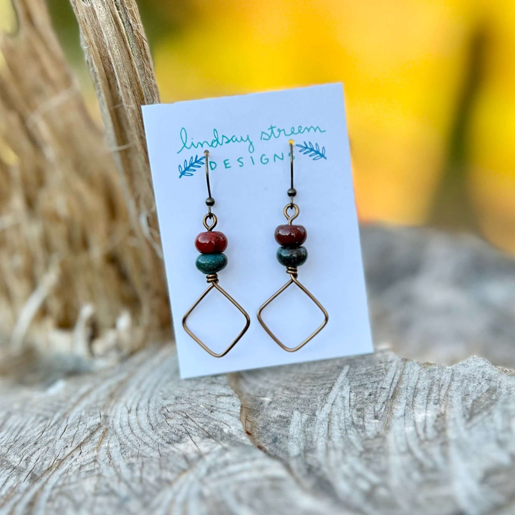 Square Hoop Earrings - Bronze with Silver Leaf and Red Jasper