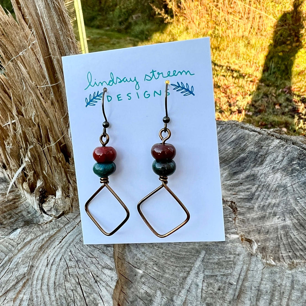 Square Hoop Earrings - Bronze with Silver Leaf and Red Jasper