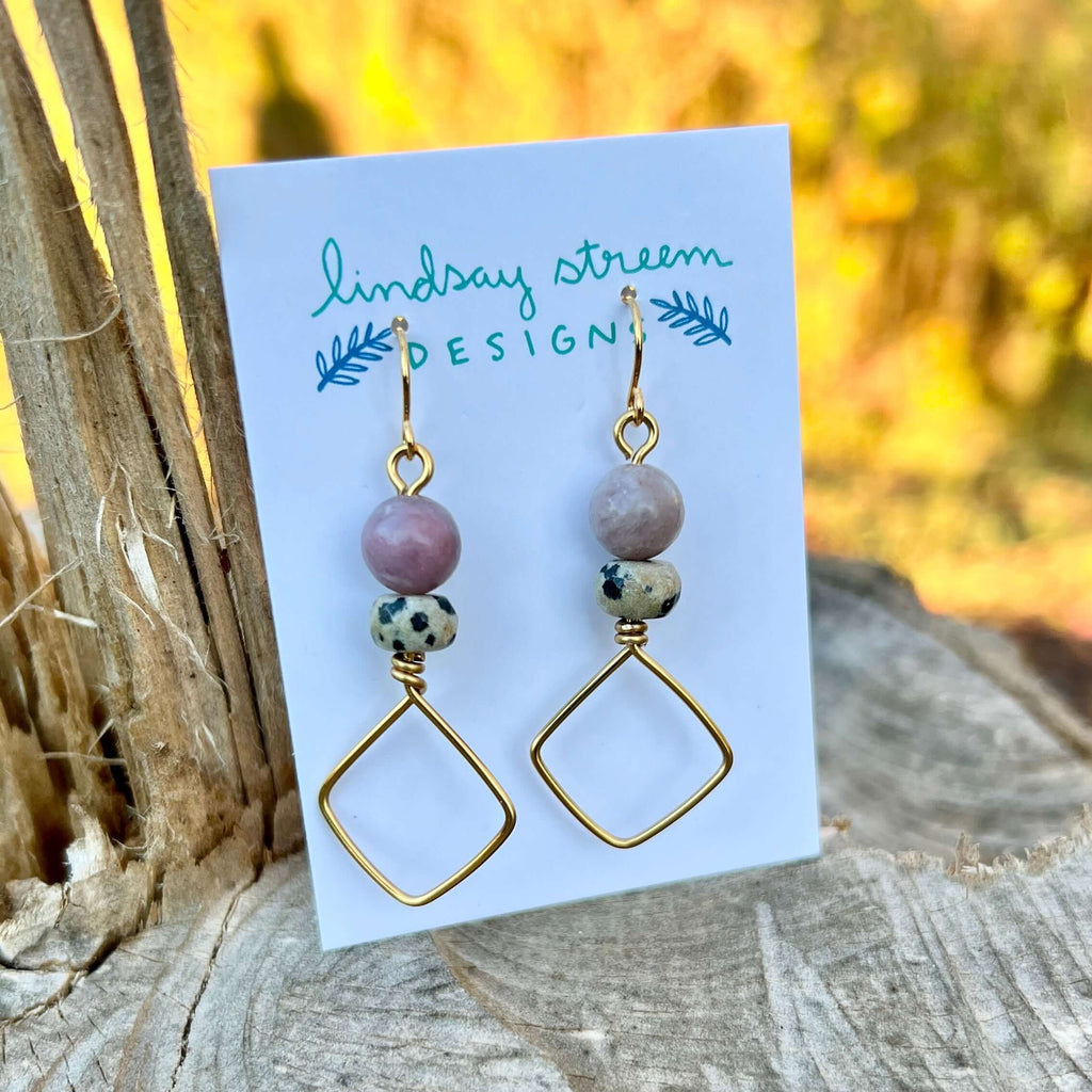 Square Hoop Earrings - Golden with Lilac Stone and Dalmatian Jasper