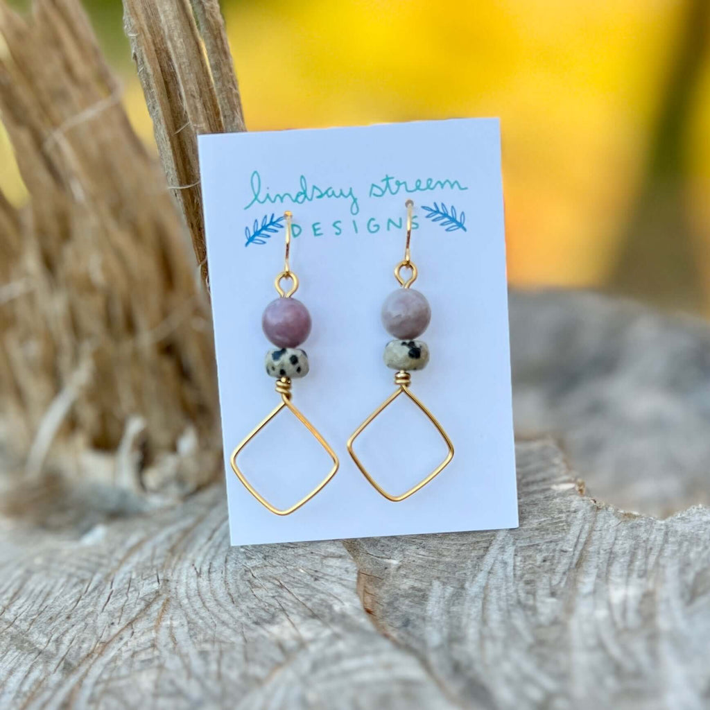Square Hoop Earrings - Golden with Lilac Stone and Dalmatian Jasper