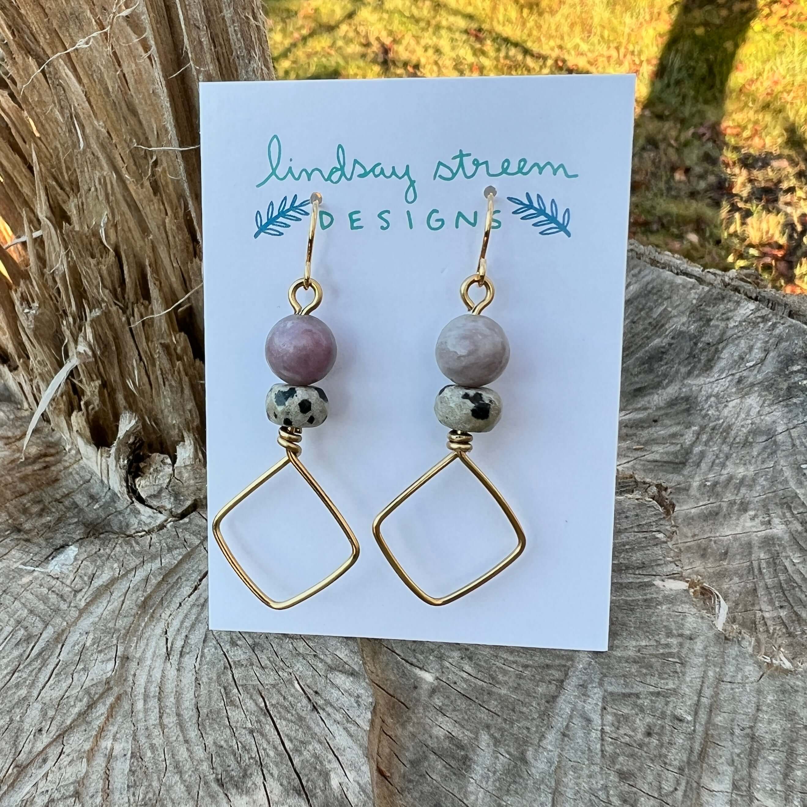Square Hoop Earrings - Golden with Lilac Stone and Dalmatian Jasper