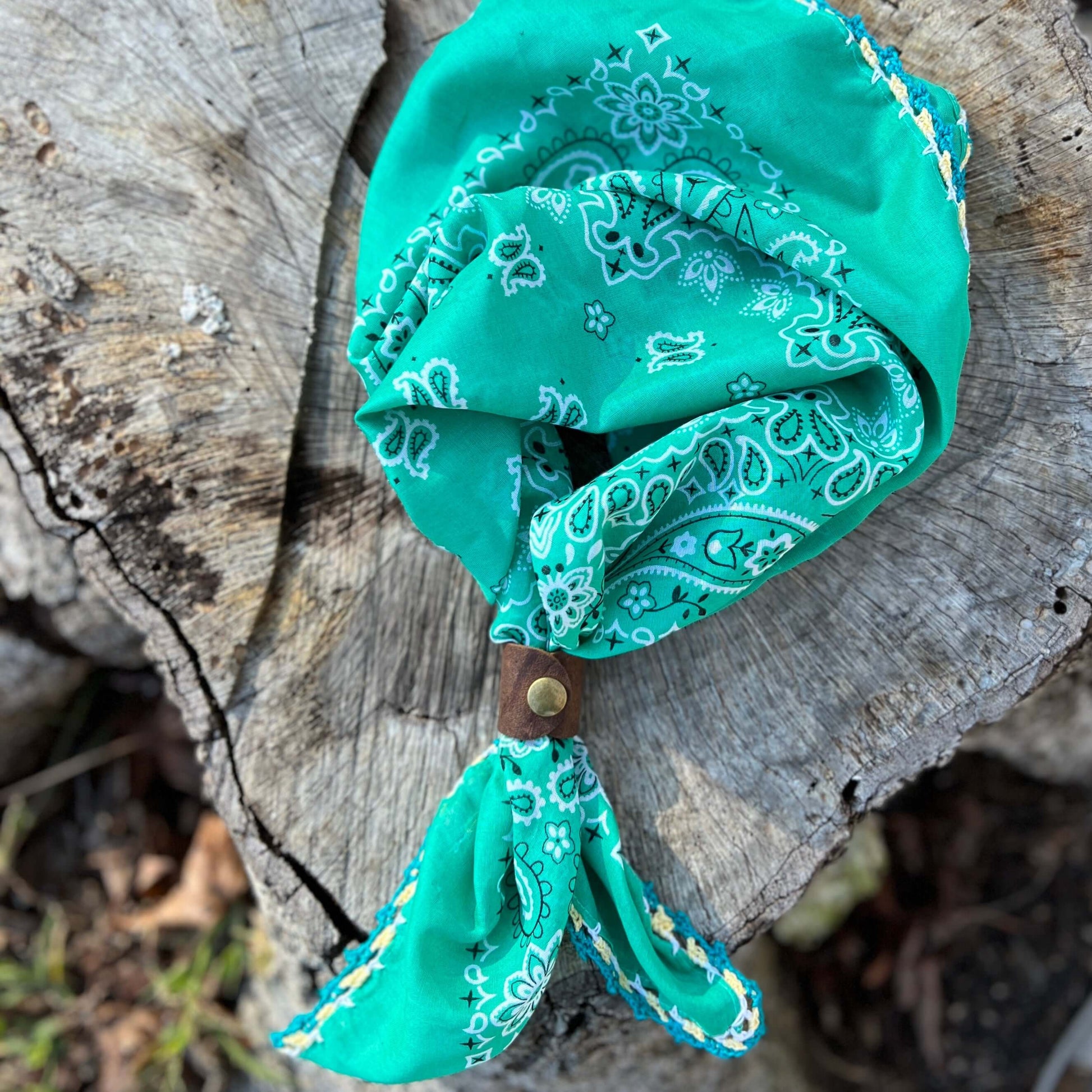 Bandana- Green with Crochet Edging