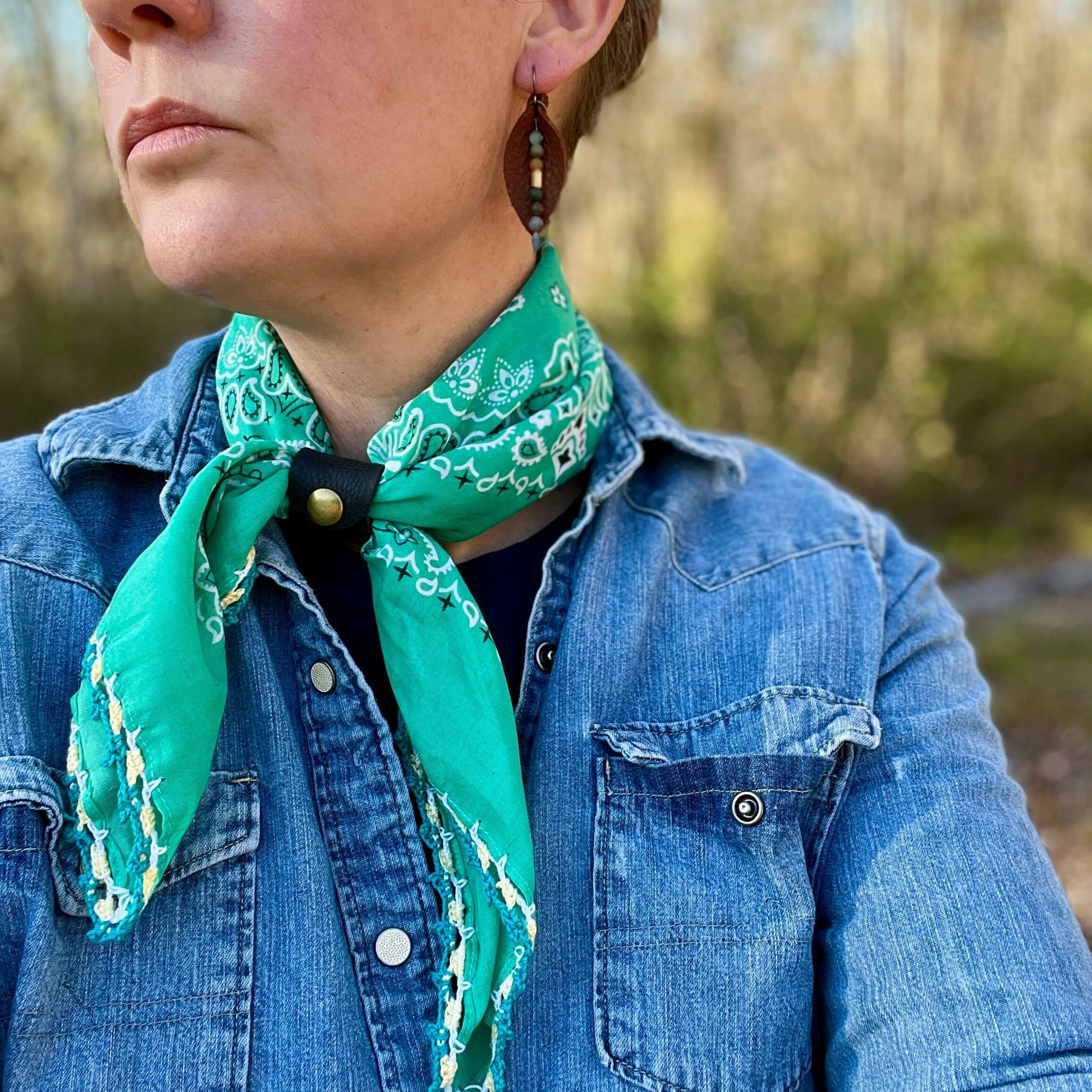 Bandana- Green with Crochet Edging