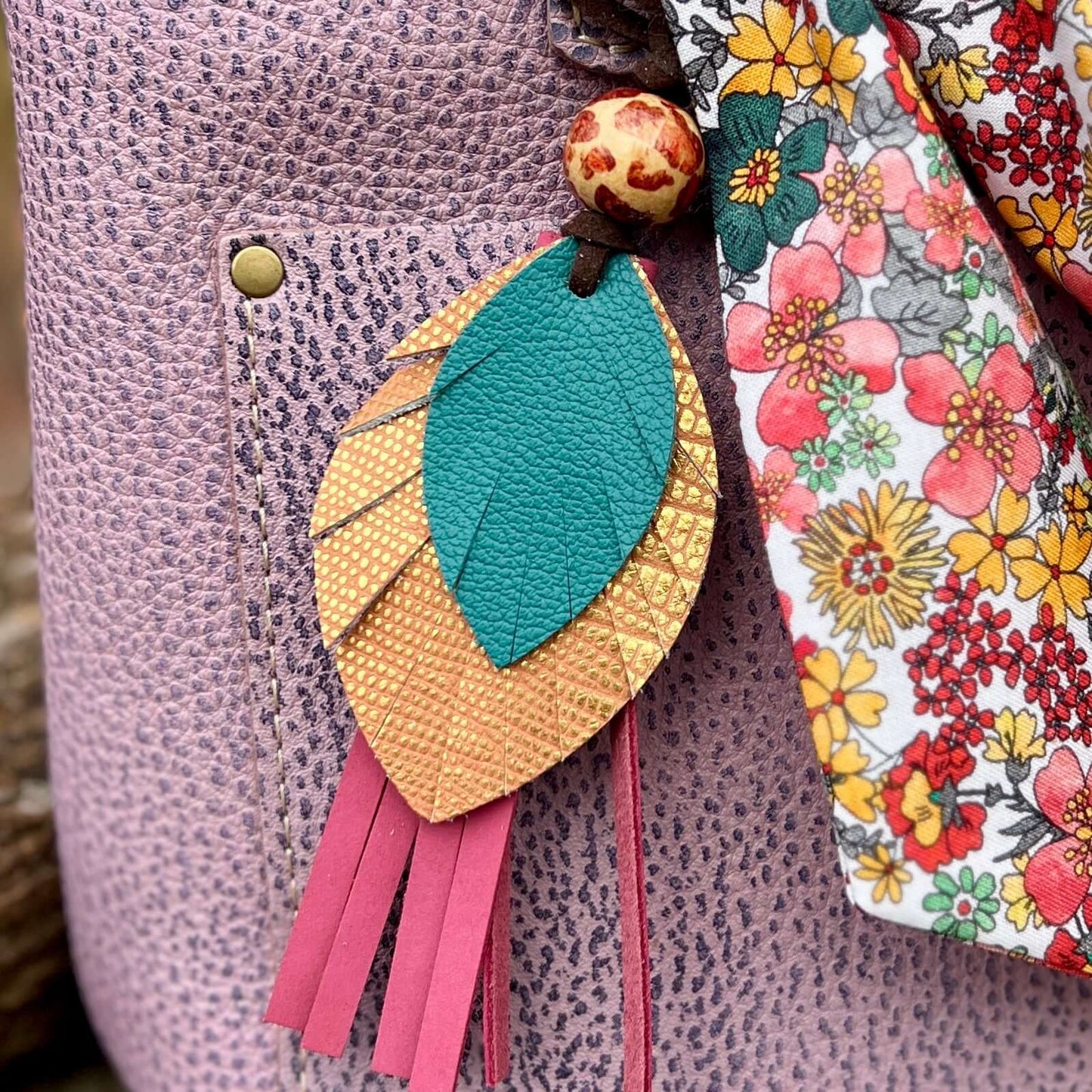 Leather Feather Tassel Bag Charm - Pink, Orange and Turquoise