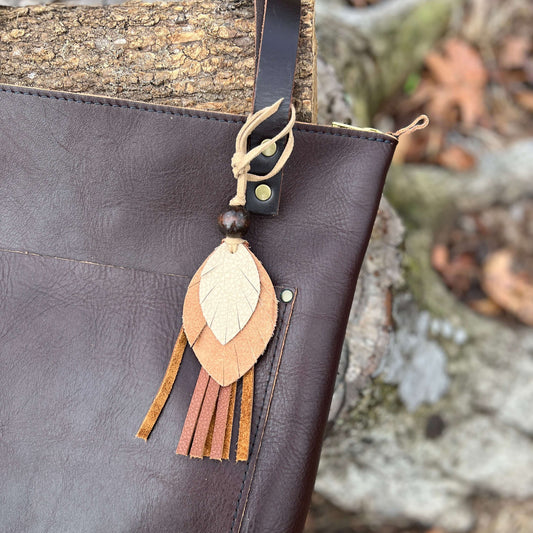 Leather Feather Tassel Bag Charm - Brown and Tan