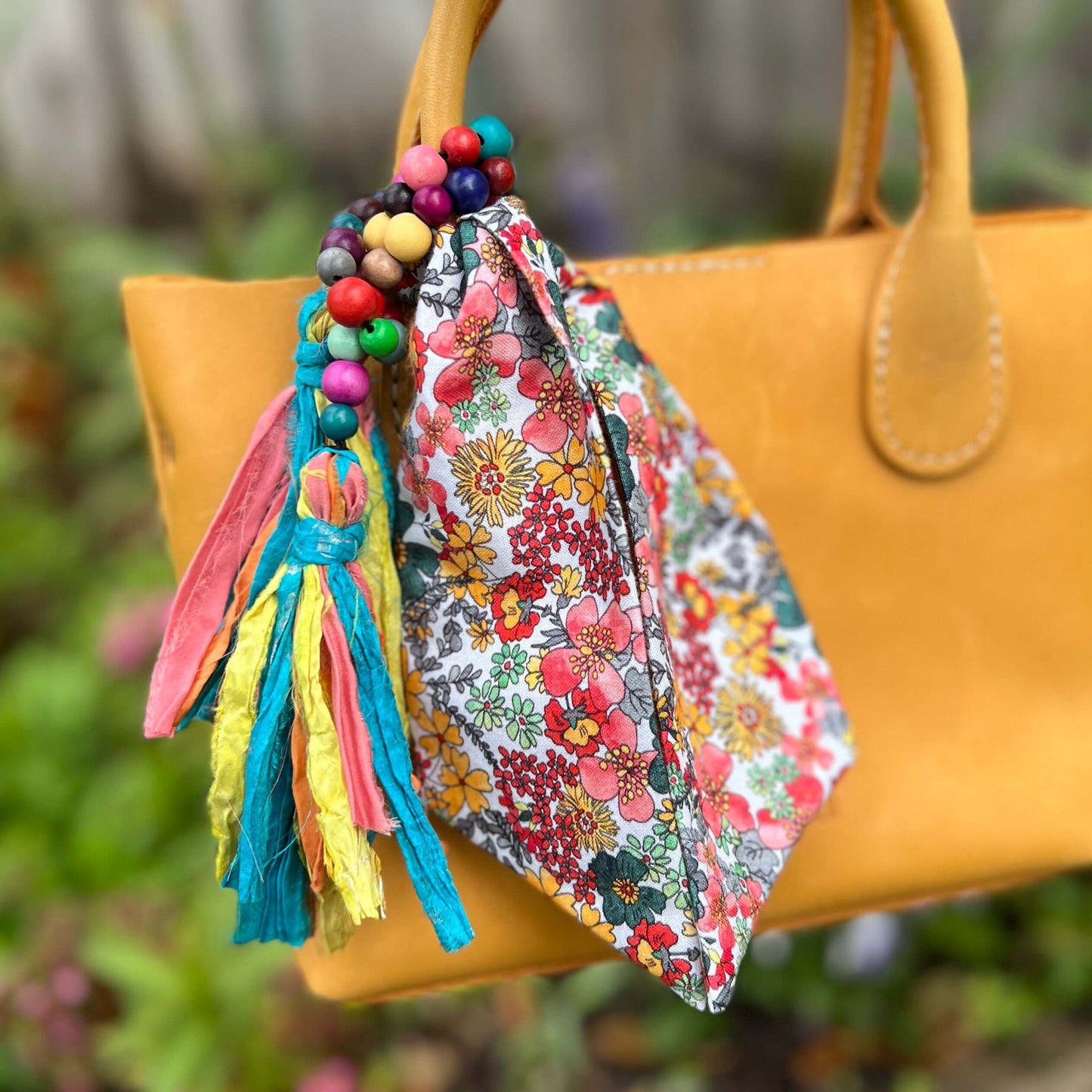 Colorful Wood Bead and Recycled Silk Tassel Bag Charm