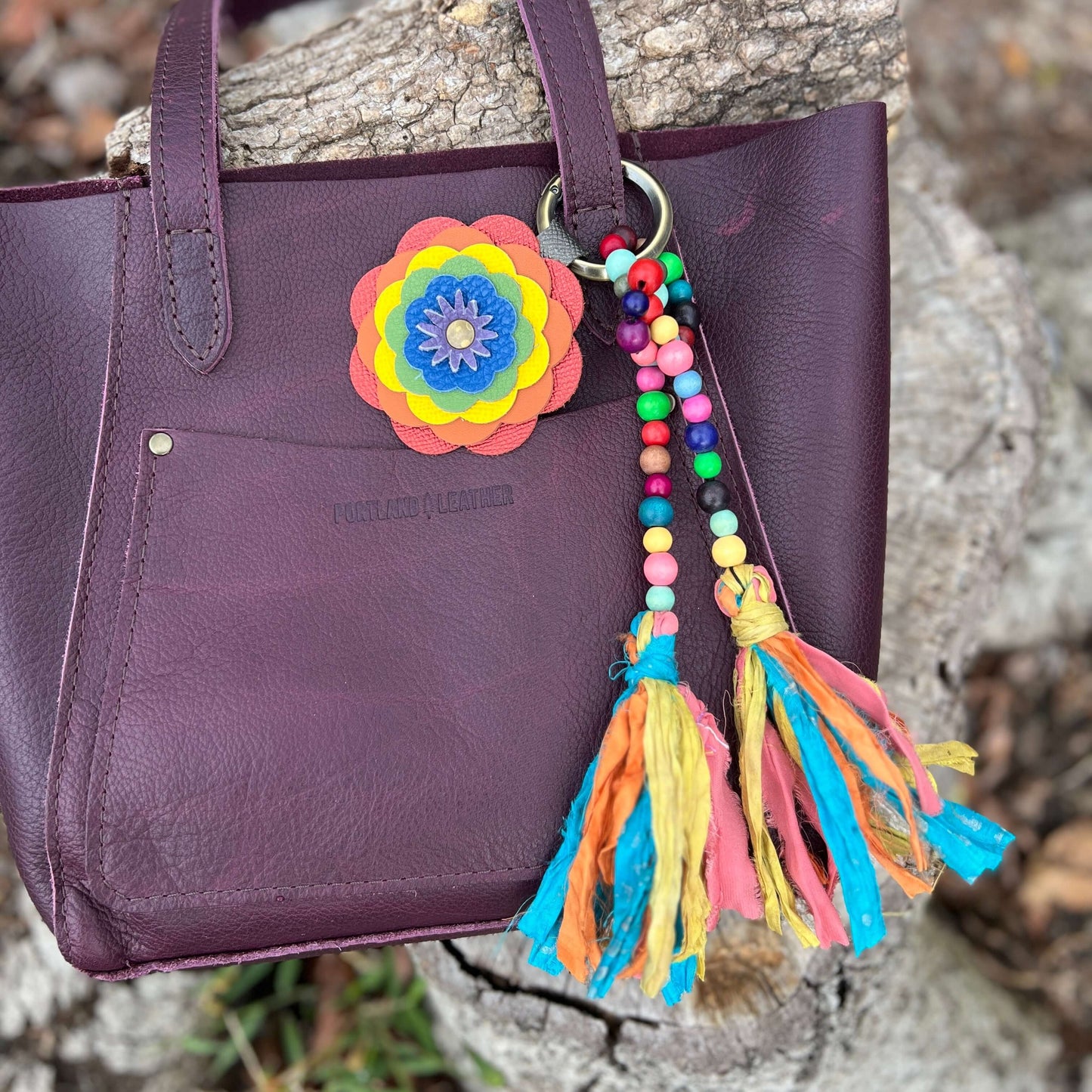 Colorful Wood Bead and Recycled Silk Tassel Bag Charm