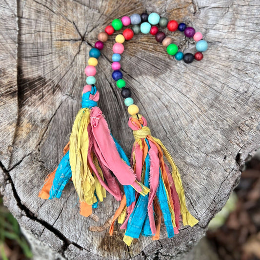 colorful wood bead and silk tassel bag charm