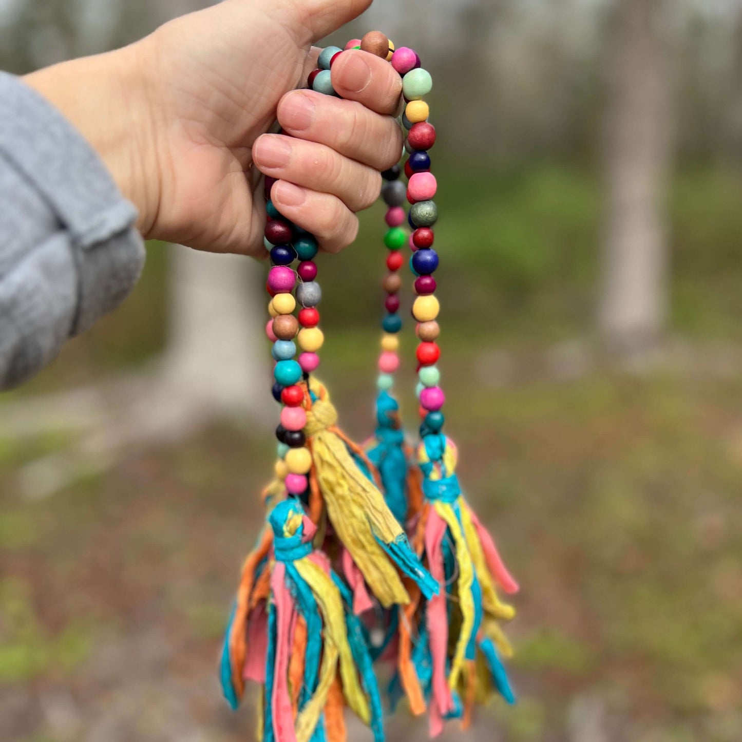 Colorful Wood Bead and Recycled Silk Tassel Bag Charm