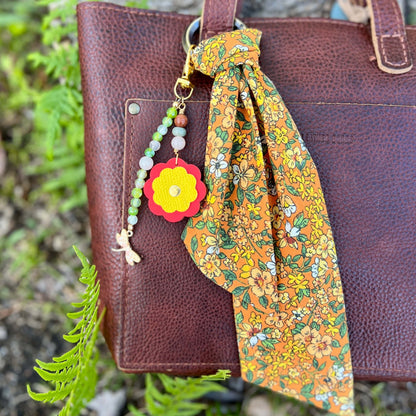 Beaded Bag Charm with Leather Flower and Dragonfly