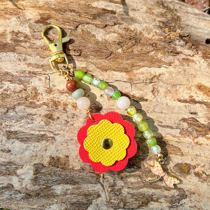 Beaded Bag Charm with Leather Flower and Dragonfly