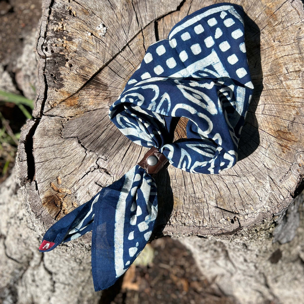 Bandana Square Scarf - Indigo Floral Leaves Square Border