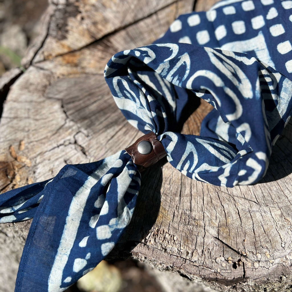 Bandana Square Scarf - Indigo Floral Leaves Square Border