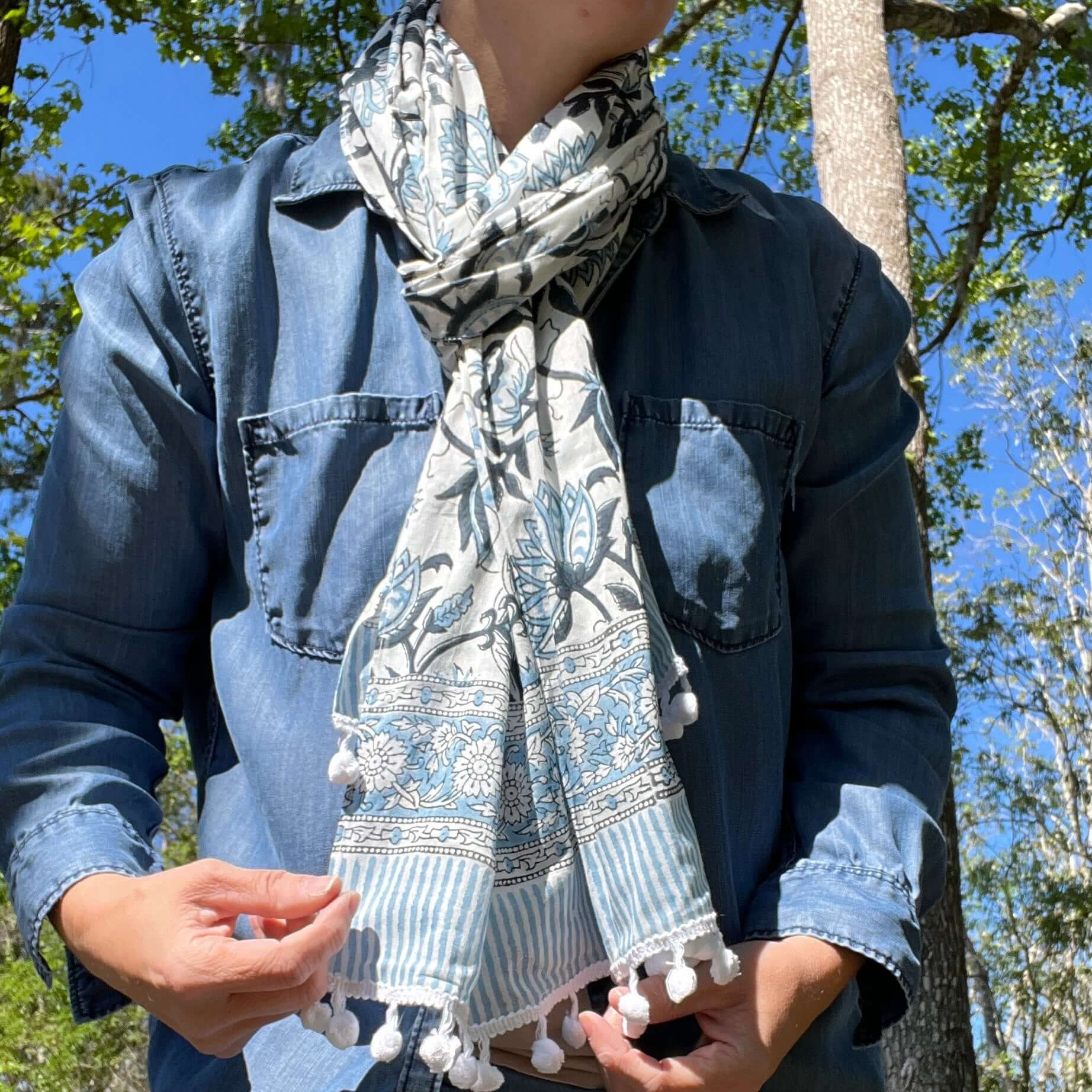 Block Printed Cotton Scarf - Blue and White Large Floral