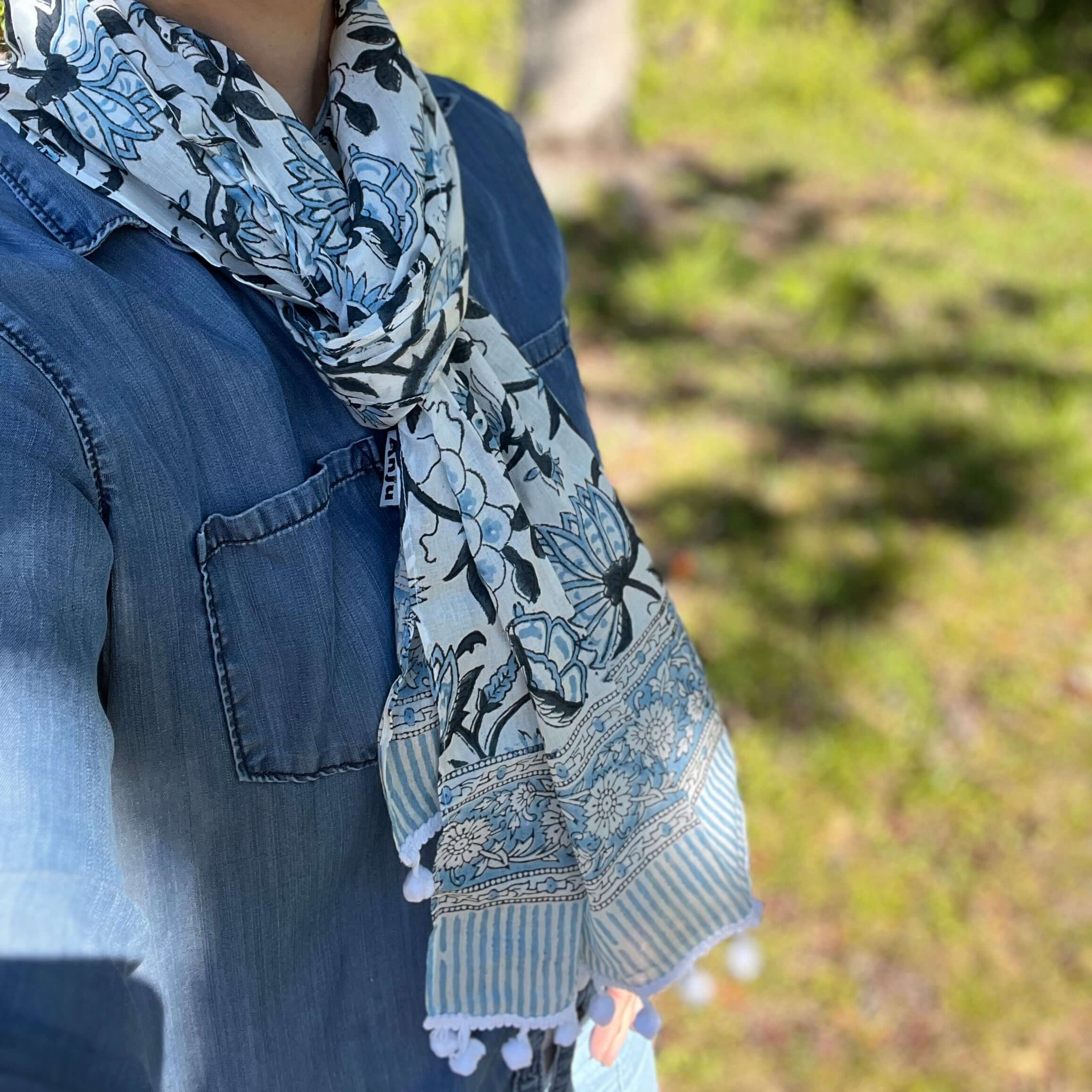Block Printed Cotton Scarf - Blue and White Large Floral