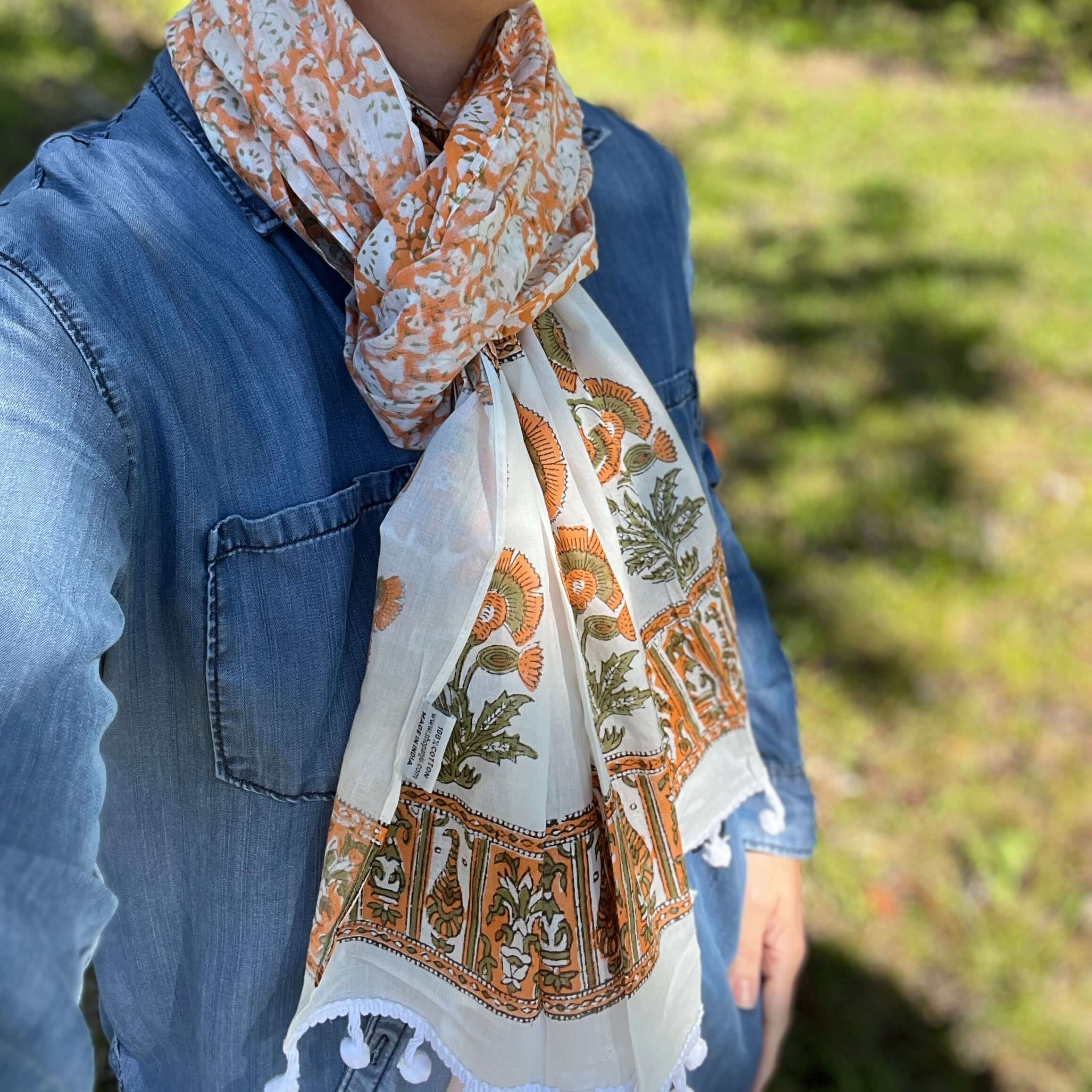 Block Printed Cotton Scarf - White with Orange Flowers