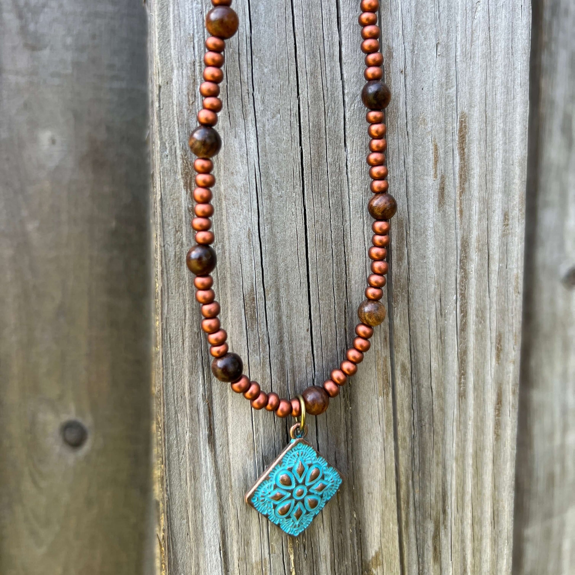 Beaded Necklace in Copper and Wood