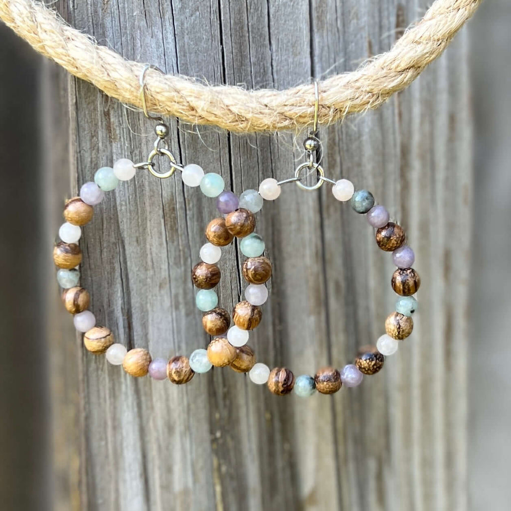 Woodland Hoop Earrings - Light Wood and Pastel Jasper