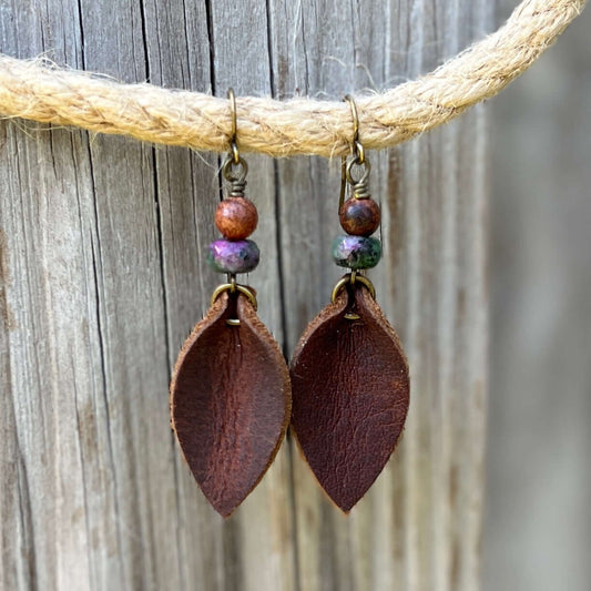 Western Style Leather Petal Dangle Earrings - Brown with Wood & Ruby Zoisite