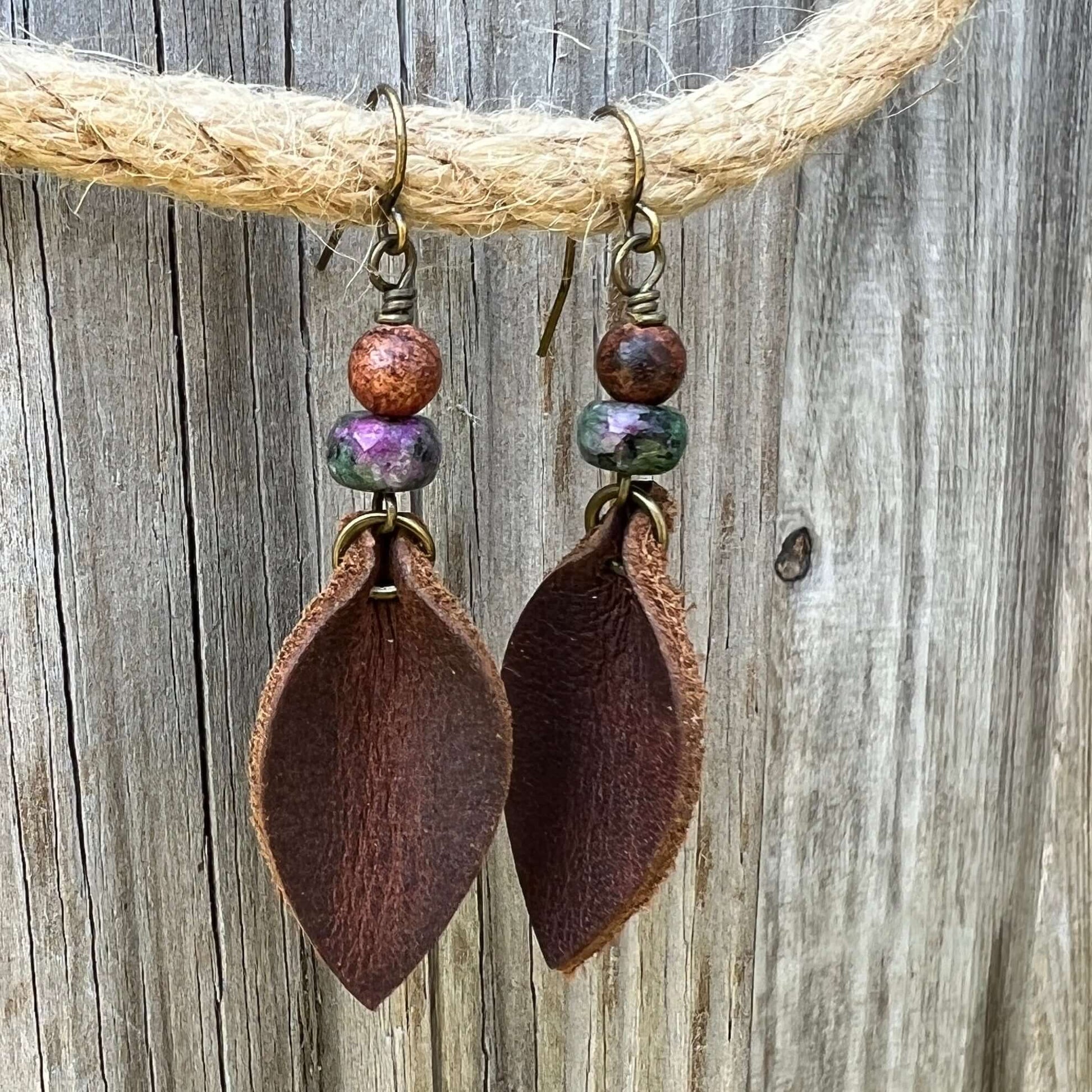 Western Style Leather Petal Dangle Earrings - Brown with Wood & Ruby Zoisite