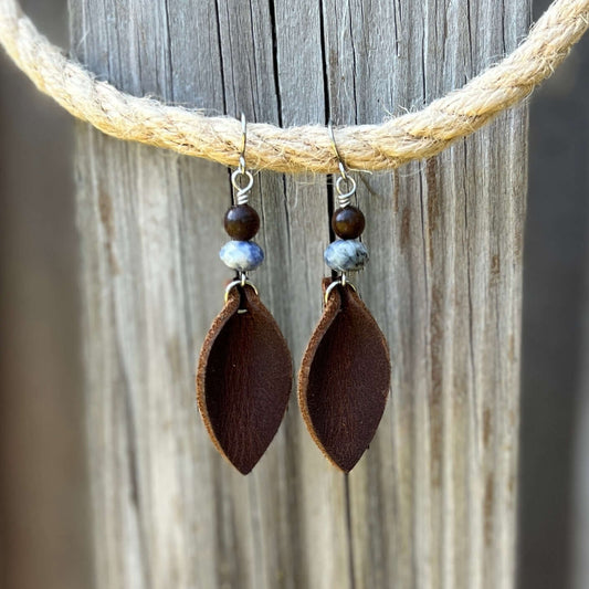 Western Style Earrings - Brown Leather Petal and Blue Spot Jasper