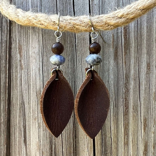 Western Style Earrings - Brown Leather Petal and Blue Spot Jasper
