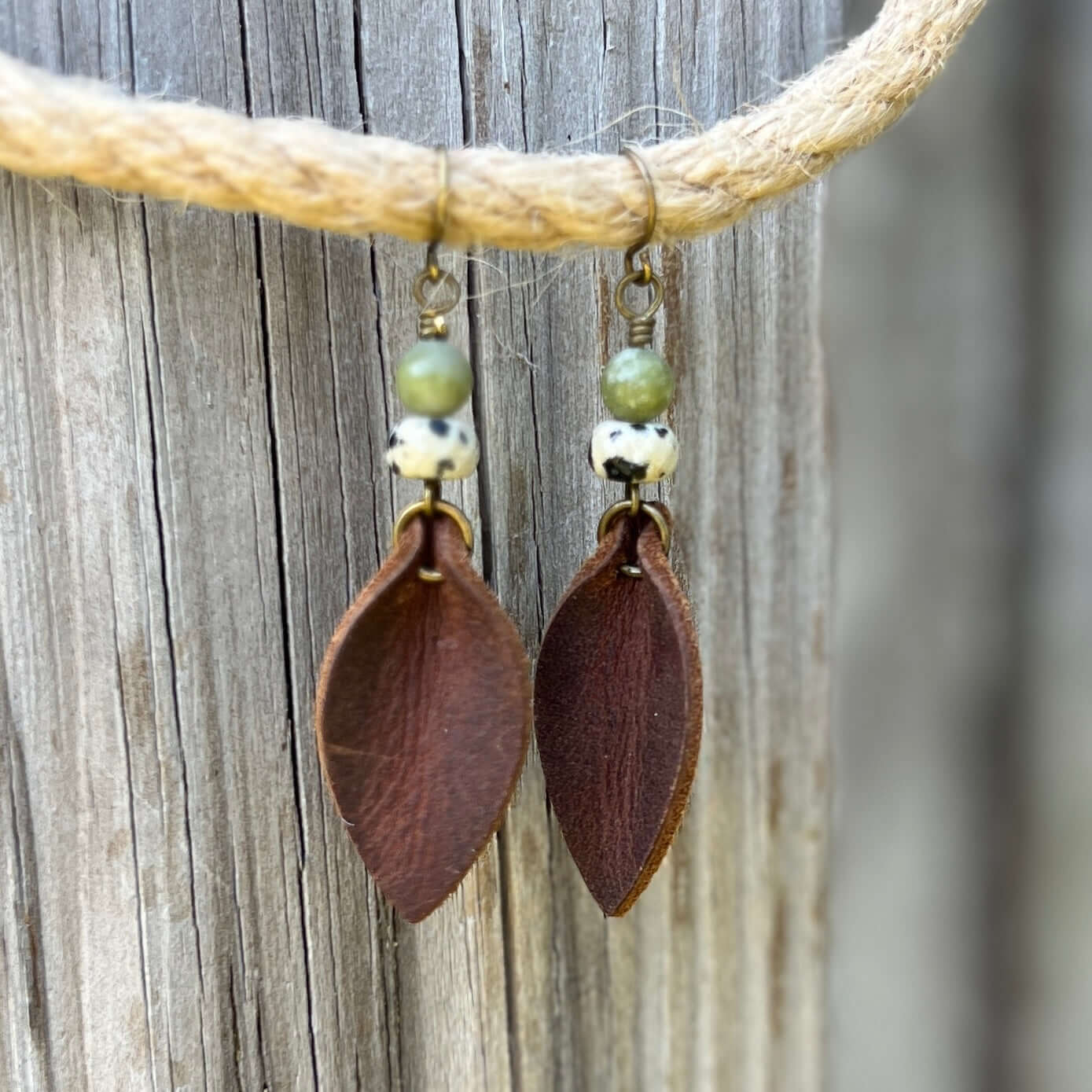 Western Style Leather Petal Dangle Earrings - Brown with Dalmatian & Green Jasper