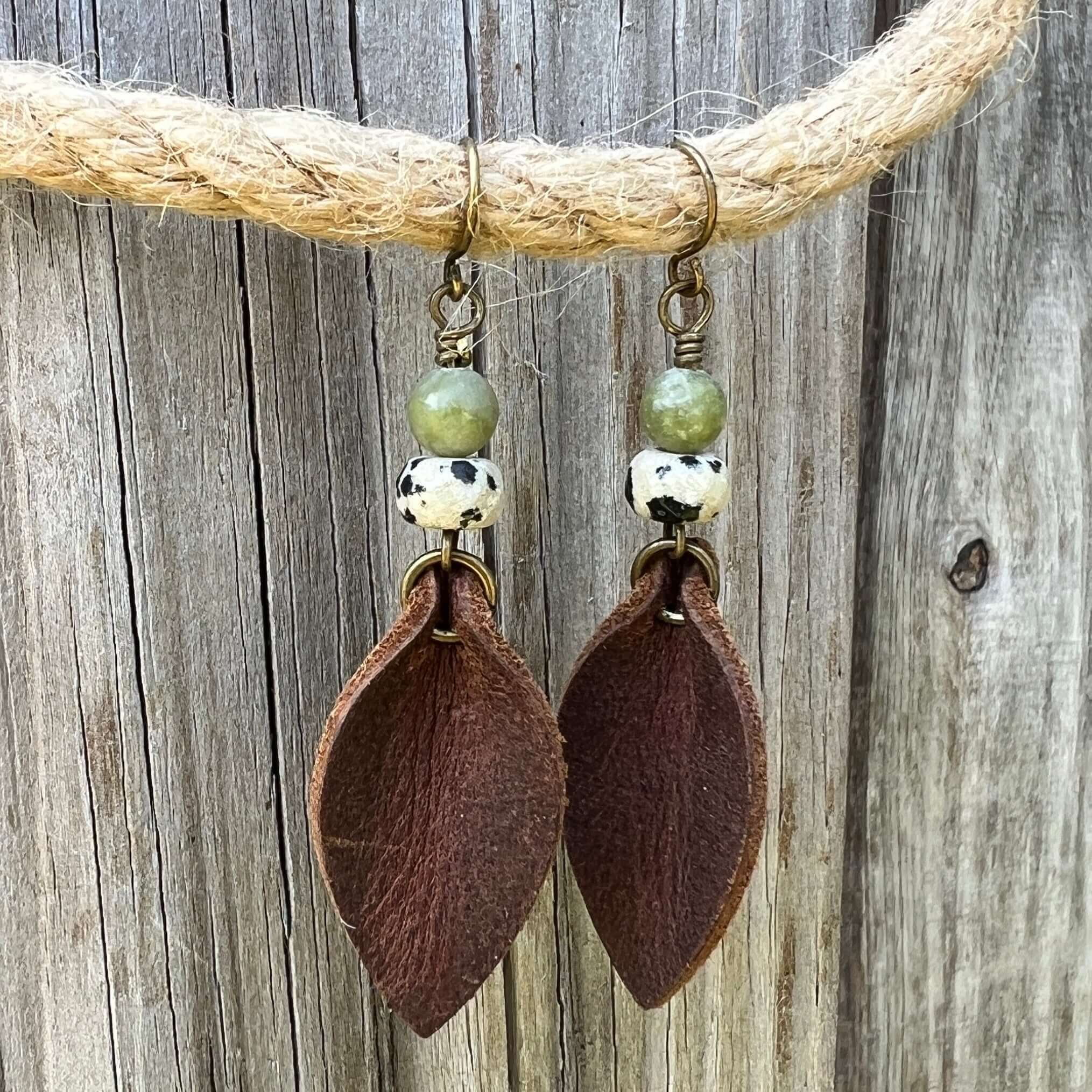 Western Style Leather Petal Dangle Earrings - Brown with Dalmatian & Green Jasper