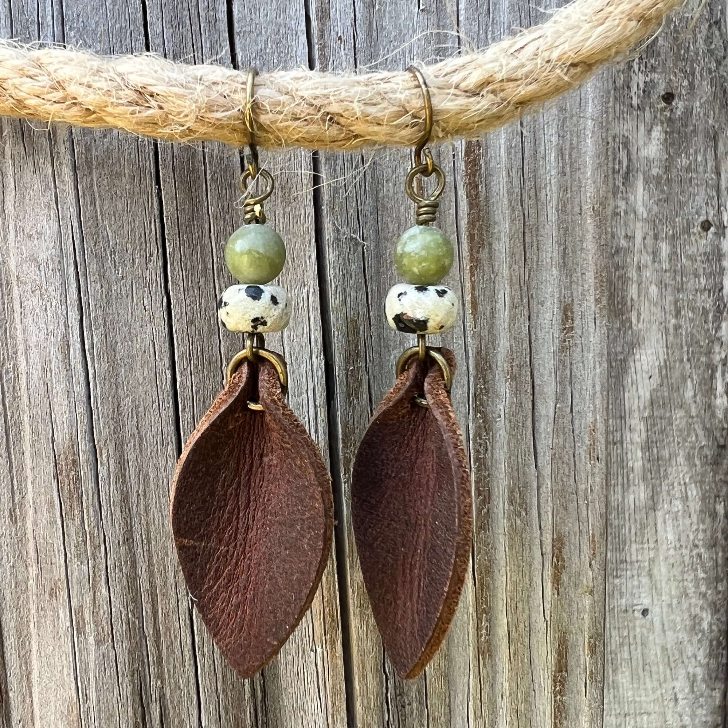 Western Style Leather Petal Dangle Earrings - Brown with Dalmatian & Green Jasper
