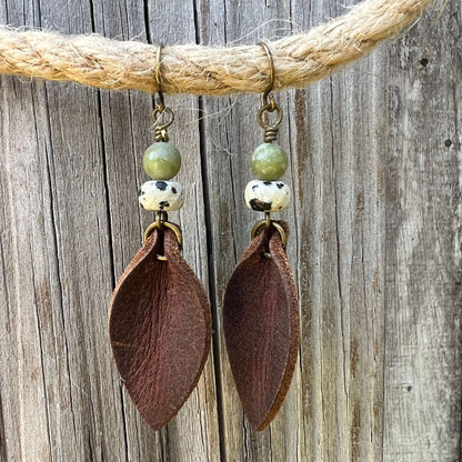 Western Style Leather Petal Dangle Earrings - Brown with Dalmatian & Green Jasper