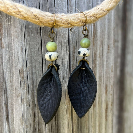 Western Style Leather Petal Dangle Earrings - Black with Dalmatian & Green Jasper