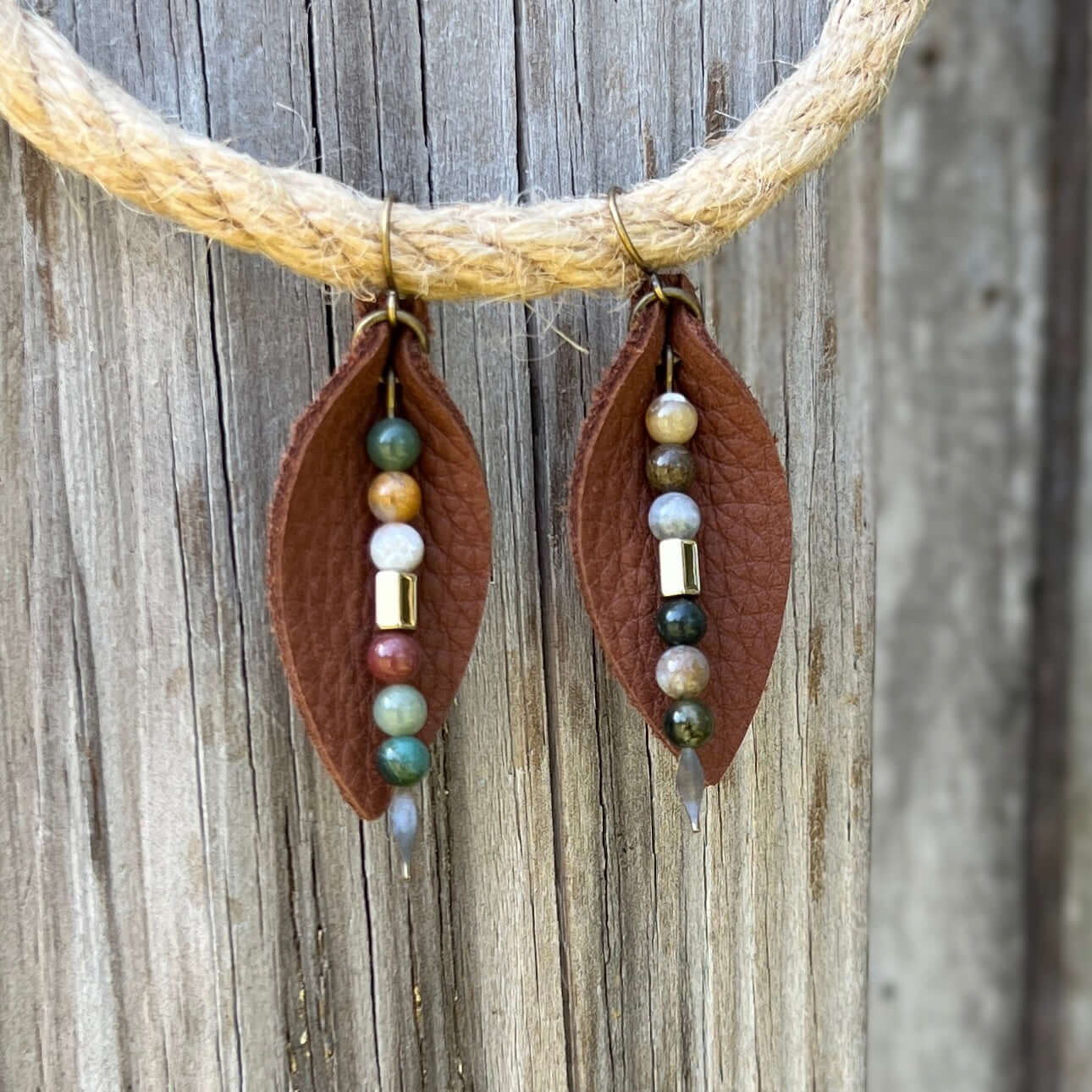 Leather Petal Earrings - Warm Brown with Fancy Jasper