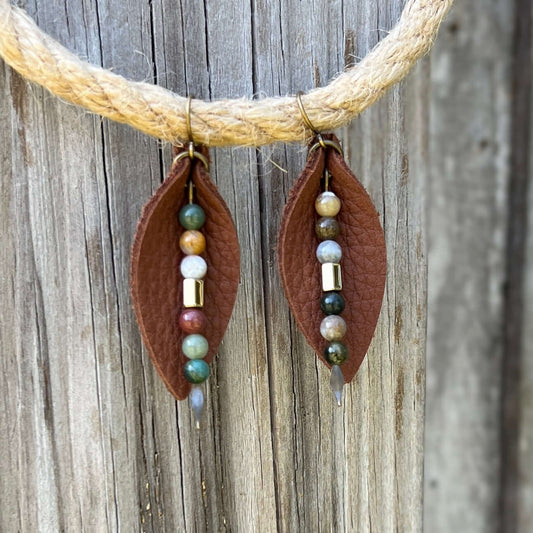 Leather Petal Earrings - Warm Brown with Fancy Jasper