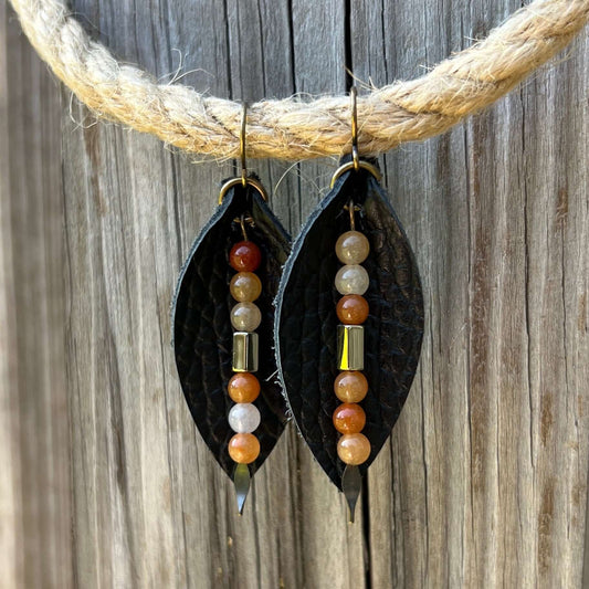 Leather Petal Earrings - Black with Red Aventurine