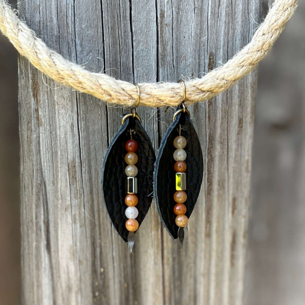 Leather Petal Earrings - Black with Red Aventurine