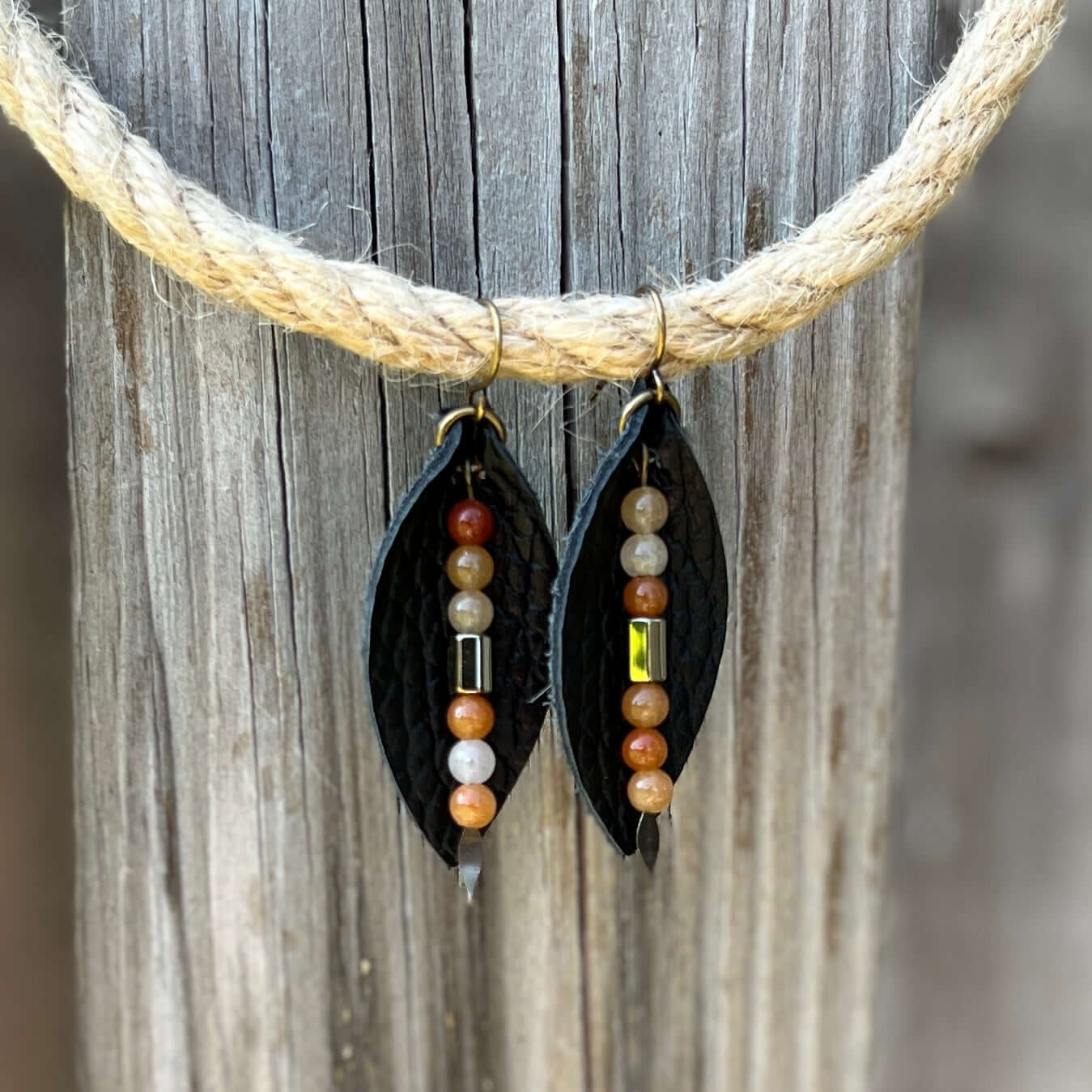 Leather Petal Earrings - Black with Red Aventurine