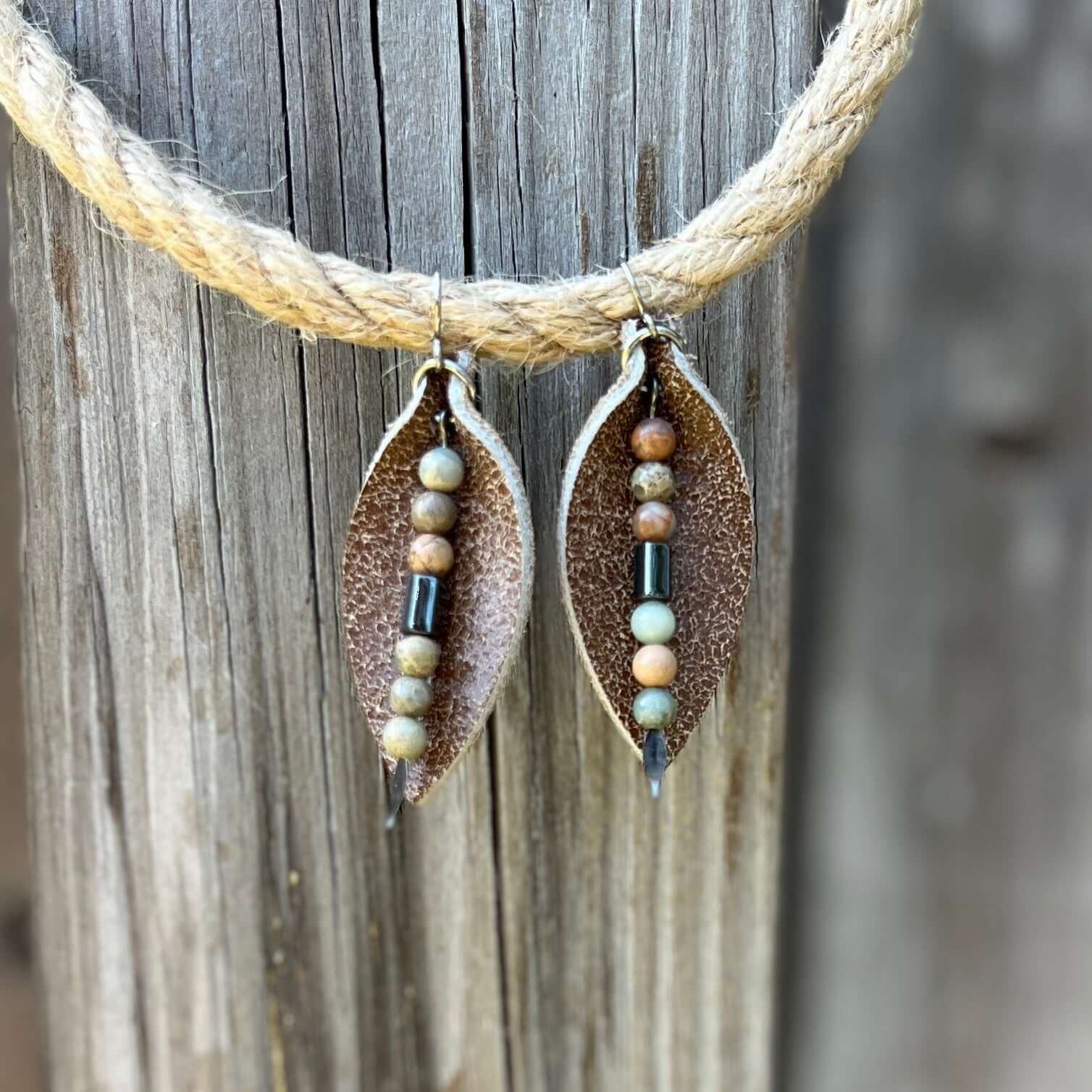 Leather Petal Earrings - Brown with Aqua Terra Jasper