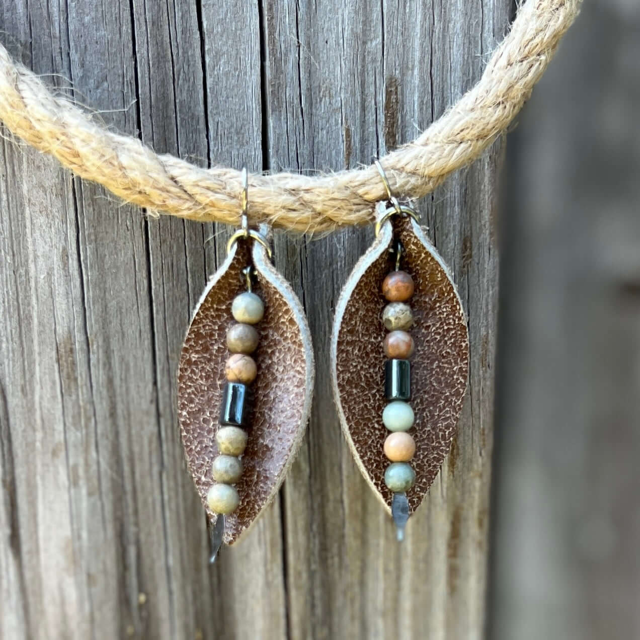 Leather Petal Earrings - Brown with Aqua Terra Jasper
